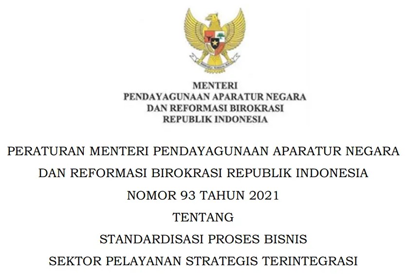 Permenpan Nomor 93 Tahun 2021 Tentang Standardisasi Proses Bisnis Sektor Pelayanan Strategis Terintegrasi