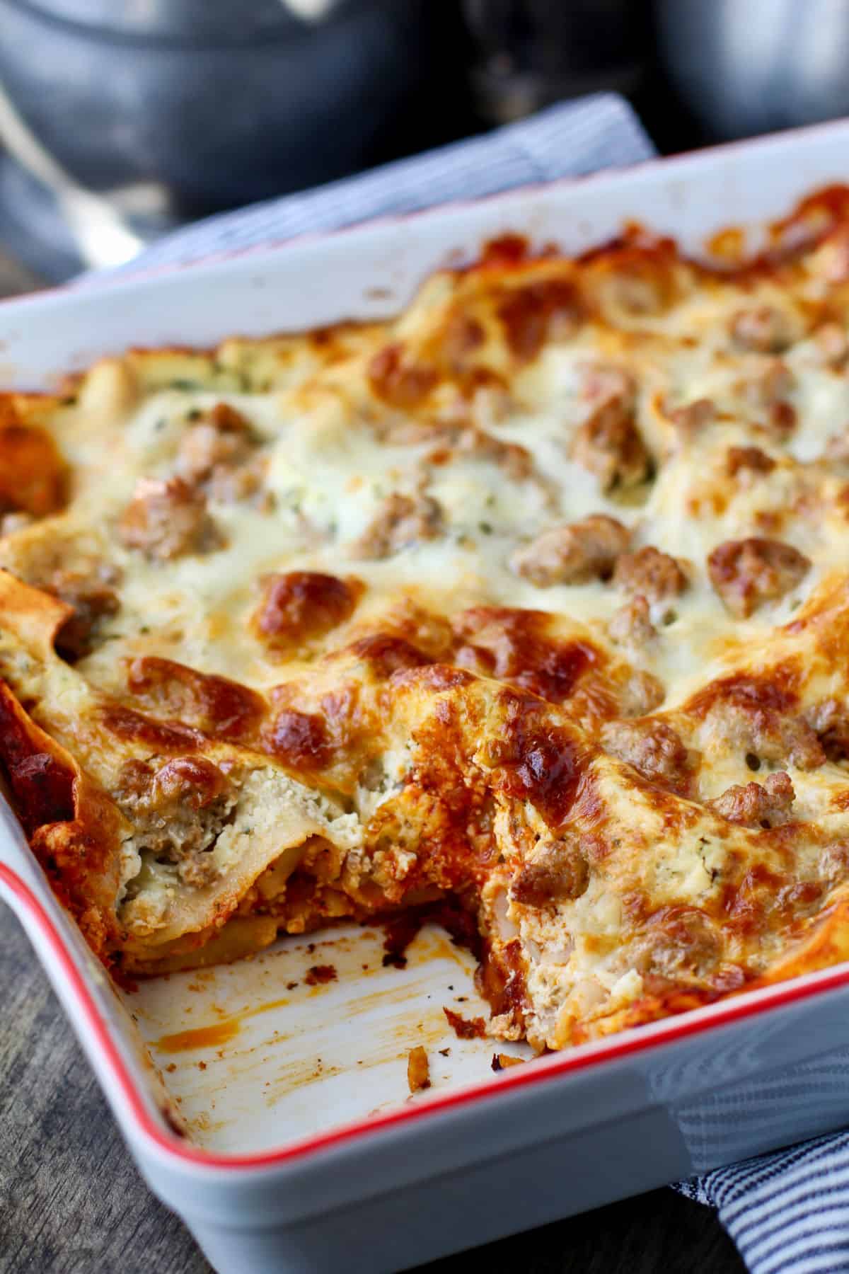 Easiest Lasagna Recipe with a slice removed.