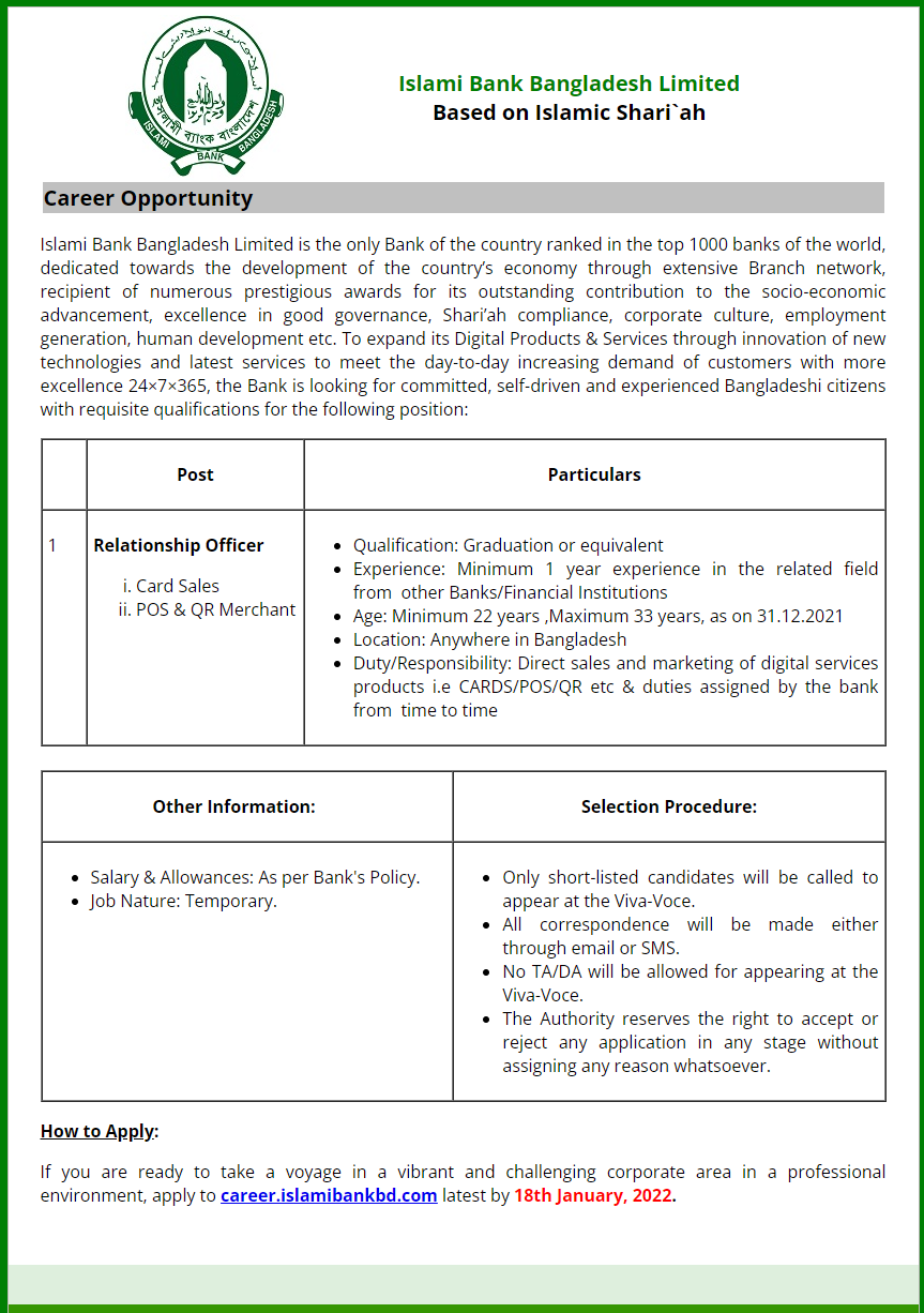 Islami Bank Bangladesh Limited IBBL Job Circular 2022