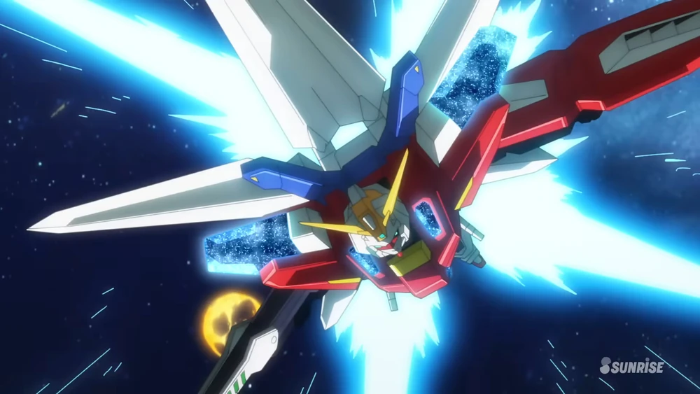 “SB-011 Star Burning Gundam, un Gunpla de alto nivel para torneos mundiales, construido por Sei Iori, presentado en Gundam Build Fighters: GM’s Counterattack”.