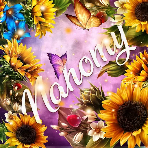 imágen con el nombre monica con fondo de girasoles y mariposas para descargar gratis