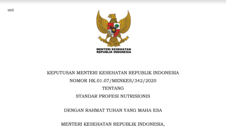 Download Keputusan Menteri Kesehatan Republik Indonesia Nomor HK.01.07/MENKES/342/2020 Tentang Standar Profesi Nutrisionis