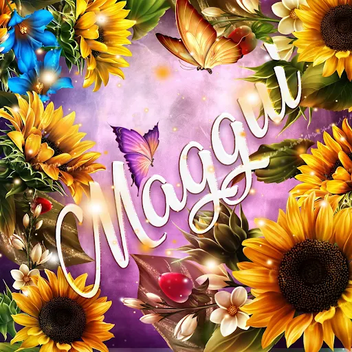 imágen con el nombre maggui con fondo de girasoles y mariposas para descargar gratis