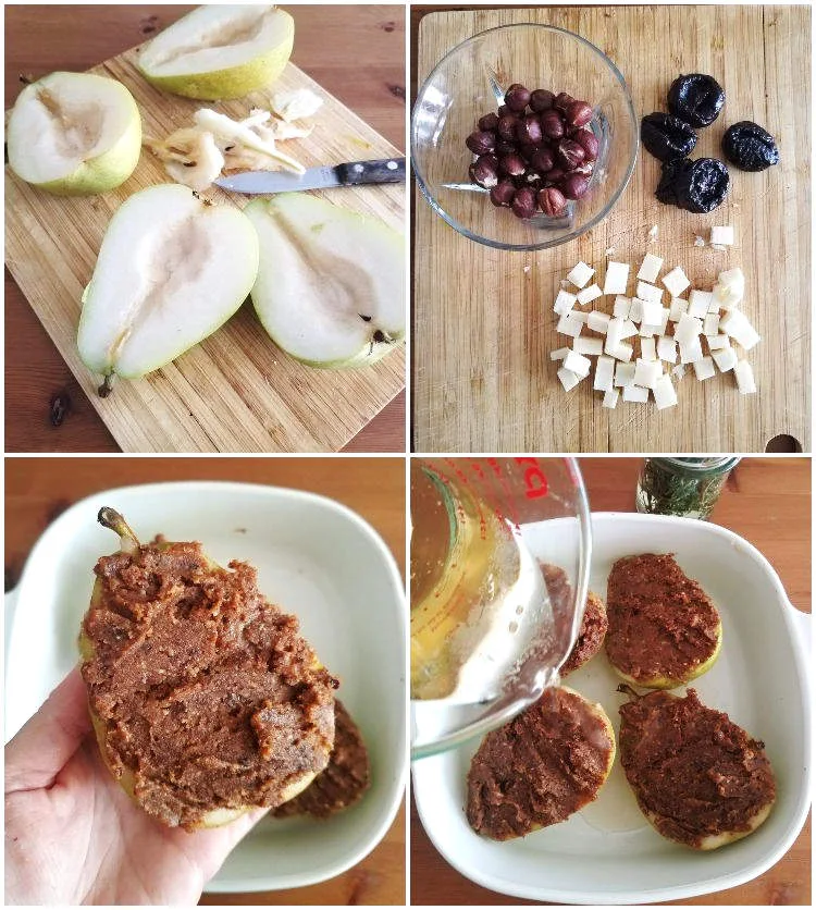 Preparación de las peras con queso, avellanas, ciruelas y miel