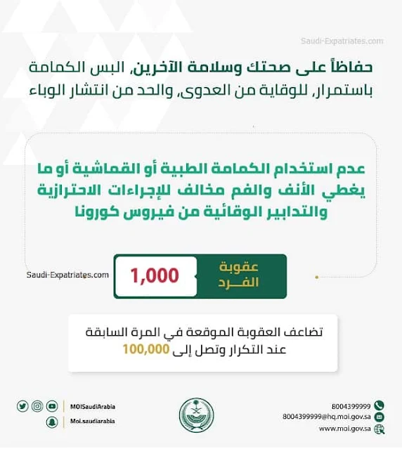 Ministry of Interior renewed its warning with a fine of 1,000 riyals for not wearing a Mask - Saudi-Expatriates.com