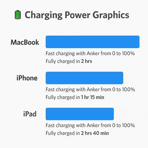 "Anker 733 Power Bank की चार्जिंग पावर ग्राफिक्स – 65W आउटपुट, तीन पोर्ट (2 USB-C, 1 USB-A) के साथ मल्टी-डिवाइस फास्ट चार्जिंग क्षमता दिखाते हुए"