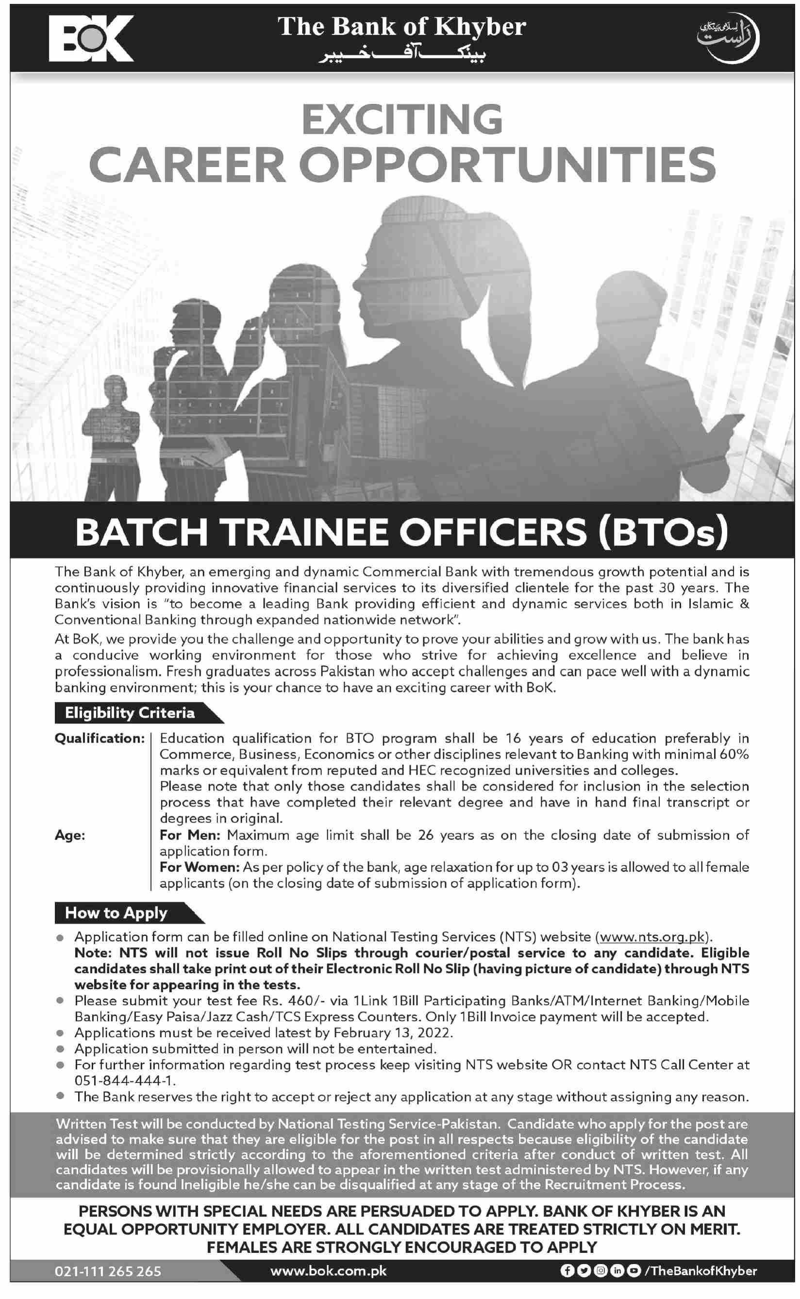Bank of Khyber Batch Trainee Officer BTOs Jobs 2022 Karachi Via NTS