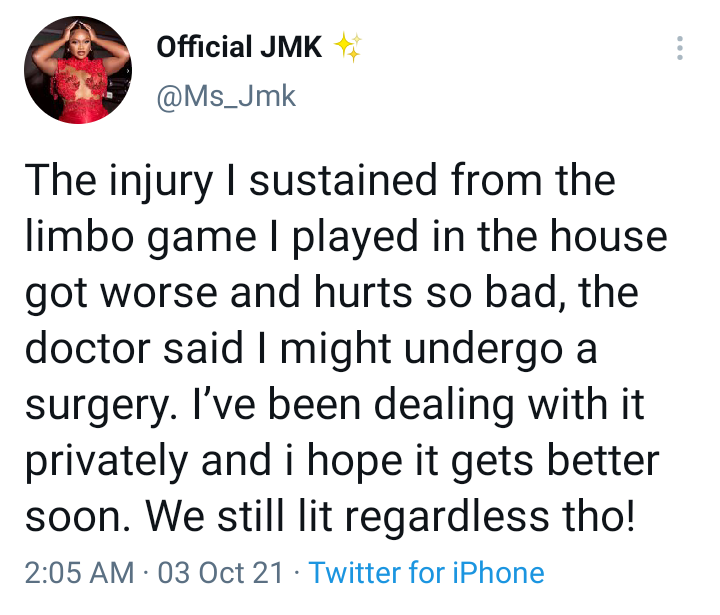 BBNaija: My doctor said I might undergo surgery because of the injury I sustained from Limbo game in Big Brother's house - JMK