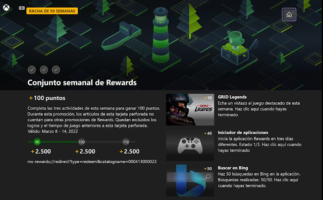 Conjunto semanal de Rewards: 100 puntos