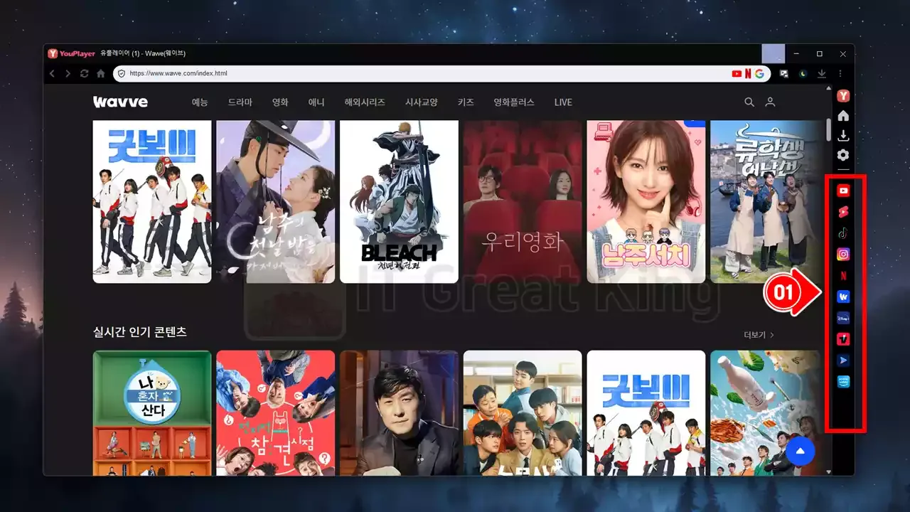 YouPlayer 사이드바에서 웨이브 등 OTT 플랫폼 바로가기 사용 화면