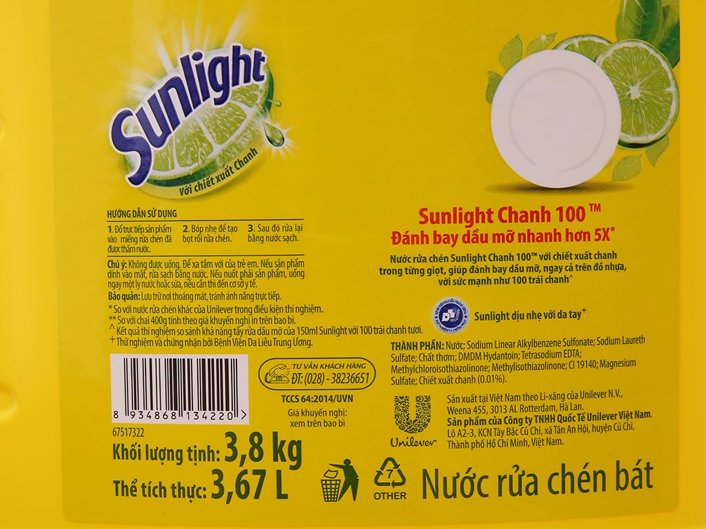 Nước rửa chén Sunlight Chanh  can 3.67 lít