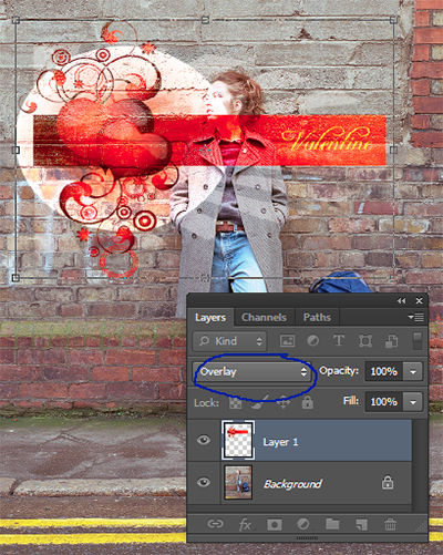 Use Free Transform to adjust the size and position. Select Blend mode overlay or softlight.