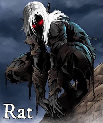 Manga style drawing of a red eyed rat man of a roof with tattered clothing the caption reads Rat