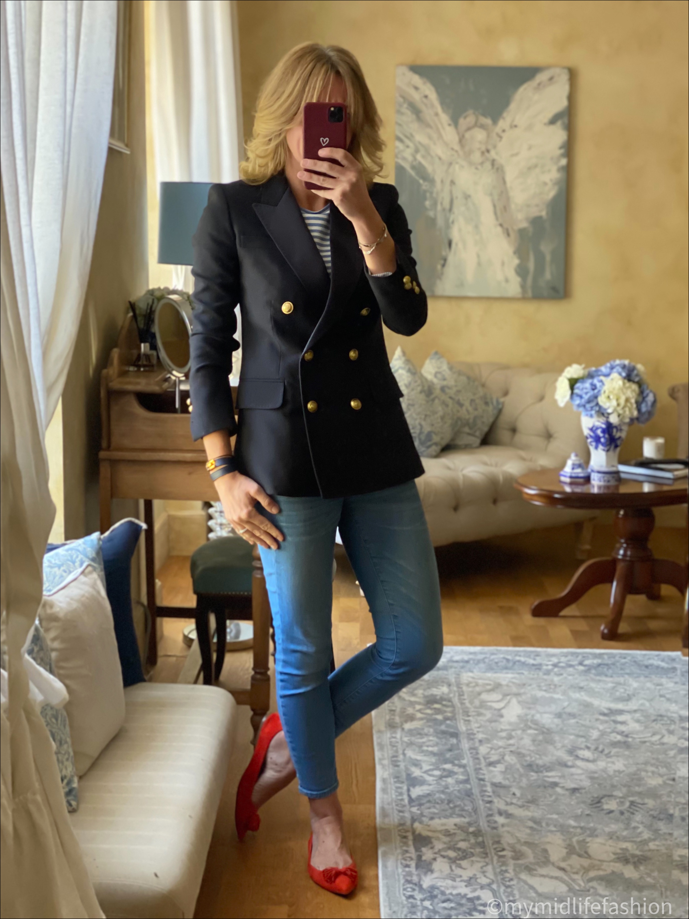 my midlife fashion, j crew double breasted tuxedo blazer, saint and Sofia boyfriend tee, j crew 8 inch toothpick skinny jeans, j crew tassel pointed ballet flats