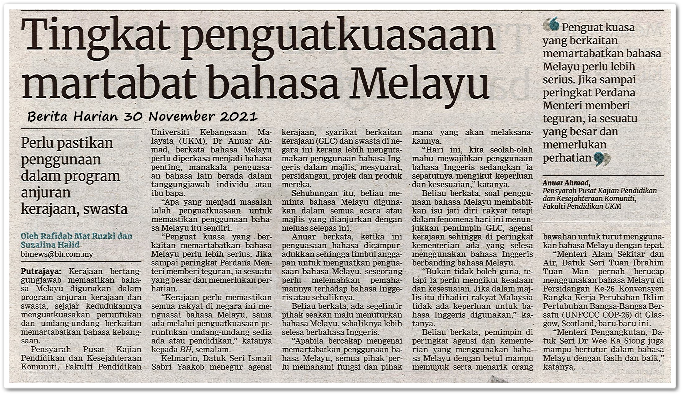 Tingkatkan penguatkuasaan martabat bahasa Melayu - Keratan akhbar Berita Harian 30 November 2021