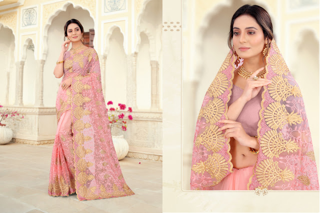 Dusty Pink Color Soft Net With Inner Fabric 2.5 Mtr.Heavy Resham Embroidery Work Saree