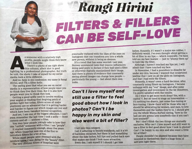 Filters, Fillers and Self-Love newspaper opinion piece