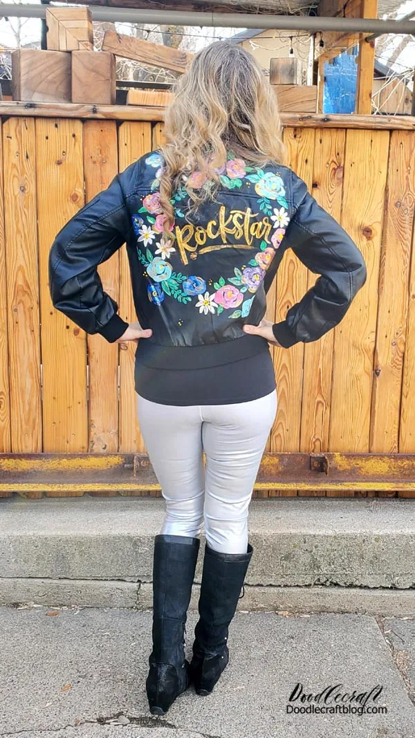 I love loose florals and thought the word rockstar would be perfect for my jacket. I love how it turned out...and guess what!? The paint dries flexible and doesn't crack. Plaid FX paint is worth the hype!  I made the Abracadabra jacket for my sis-in-law for a handmade Christmas gift. She picked the word and I love how it turned out!