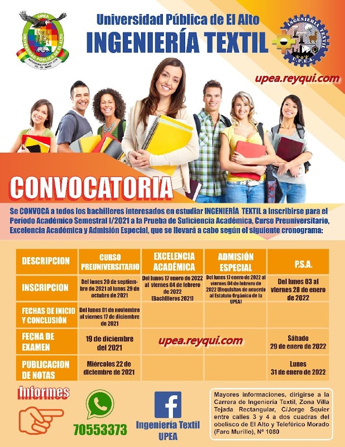 Ingeniería Textil UPEA I/2021: Convocatoria al Curso Preuniversitario, Prueba de Suficiencia Académica, Excelencia Académica y Admisión Especial