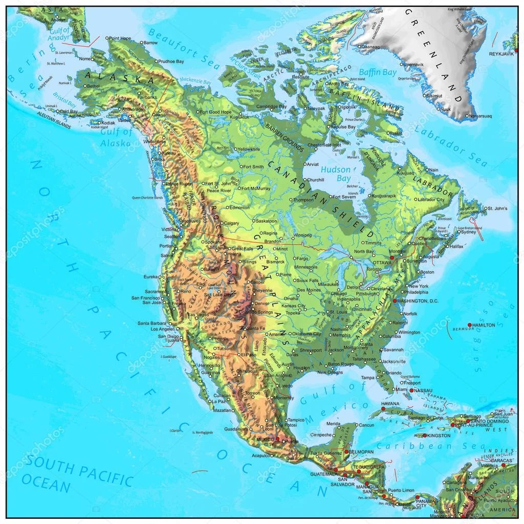 Mapa Geografía física de américa del norte