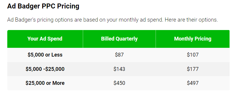 Ad Badger PPC Pricing