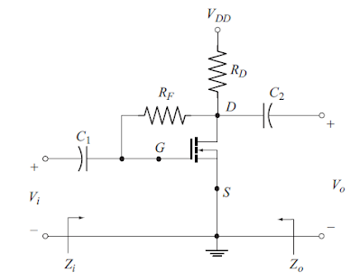 circuit diagram of E-MOSFET common-source amplifier with drain feedback