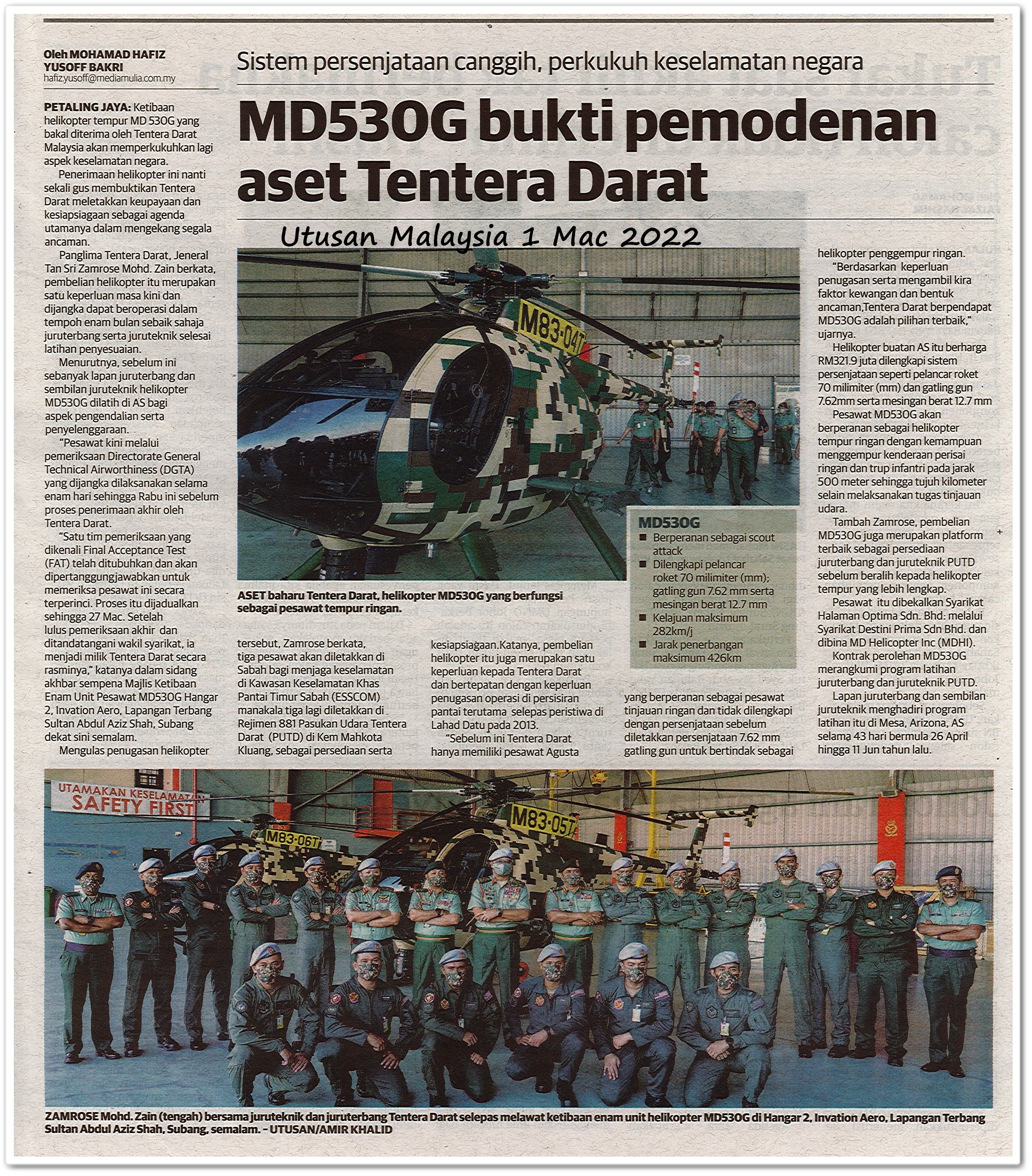 MD530G bukti pemodenan aset Tentera Darat - Keratan akhbar Utusan Malaysia 1 Mac 2022