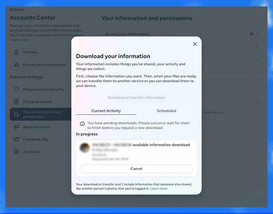 بدء تنزيل البيانات الخاصة بك من فيسبوك