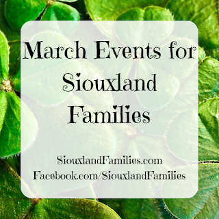 in background, a macro shot of bright green shamrocks. in foreground, the words "march events for siouxland families"