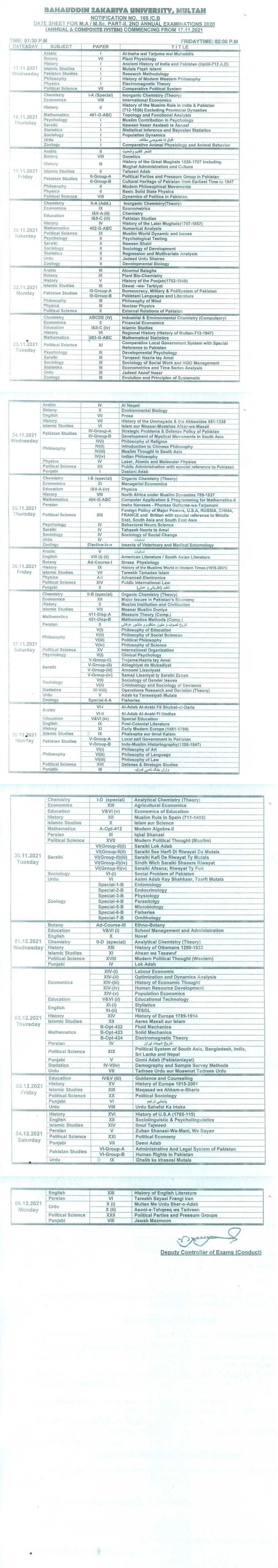 Date Sheet MA MSc 2020 Annual Exam Part 2 BZU Multan