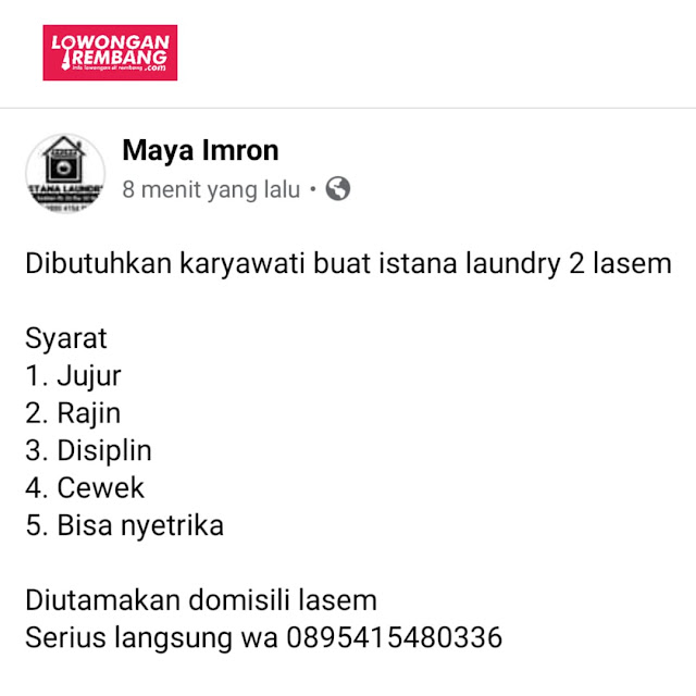 Lowongan Kerja Istana Laundry 2 Lasem Rembang