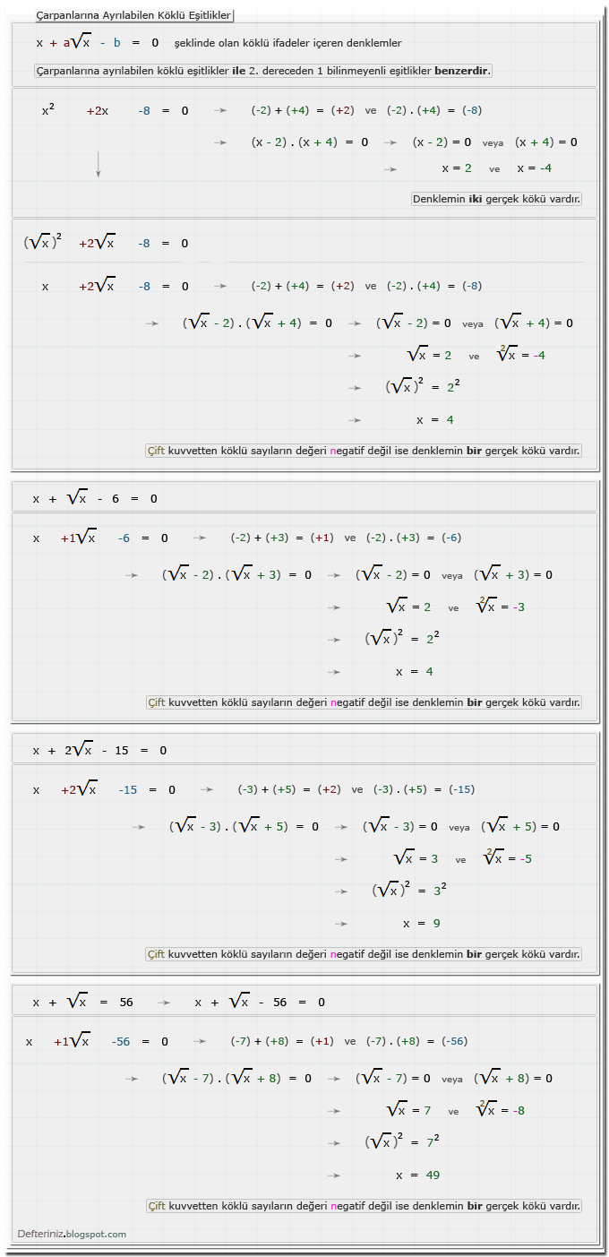 Örnek-24 » x + a√x - b = 0 şeklinde olan köklü eşitlikler » Çarpanlarına ayrılabilen köklü eşitlikler » Köklü ifadeler içeren denklemler.