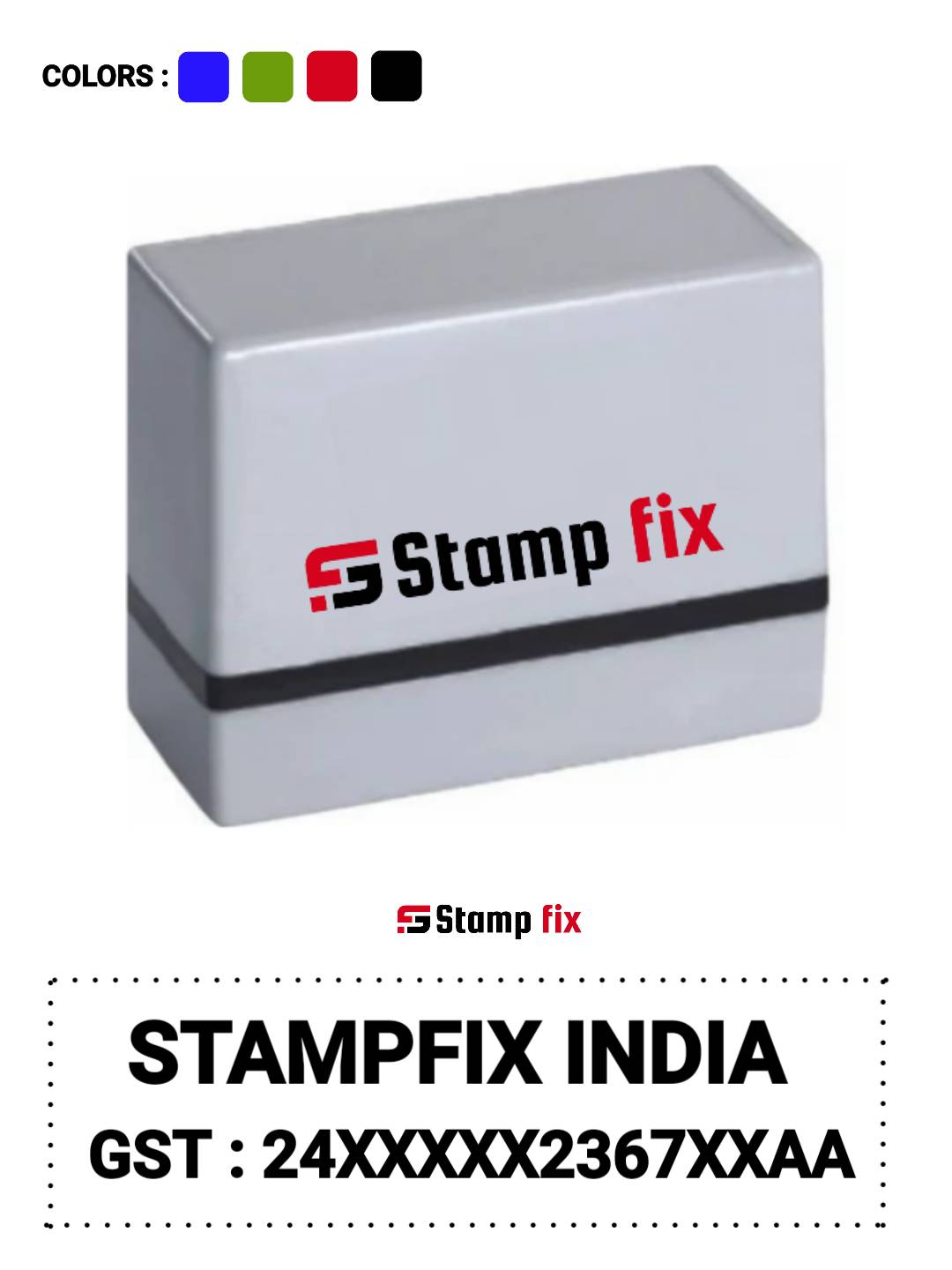 Pre Ink GST stamp, business stamp, incometax stamp, Gst logo stamp, personal stamp, executive stamp, owner stamp, director stamp, patner stamp , firm stamp, easy stamp, shop stamp, business marking stamp, Stamp by StampFix, a self-inking stamp with high-quality impressions
in India, nylon stamp, rubber stamp, pre ink stamp, polymer stamp, urgent stamp