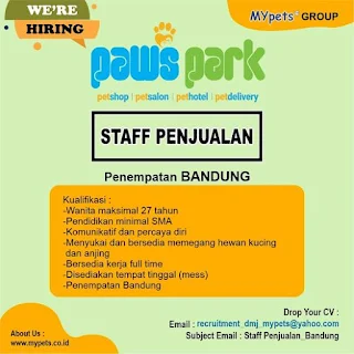 Lowongan Kerja Staff Penjualan Paws Park My Pets