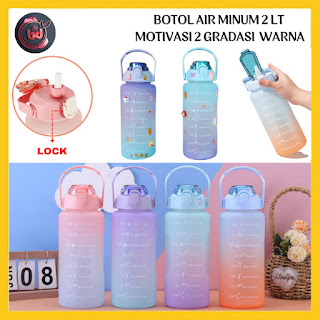 Botol Air Minum 2 Liter Rainbow Bottle Motivasi Viral Penanda Waktu 2L - UNGU+STIKER