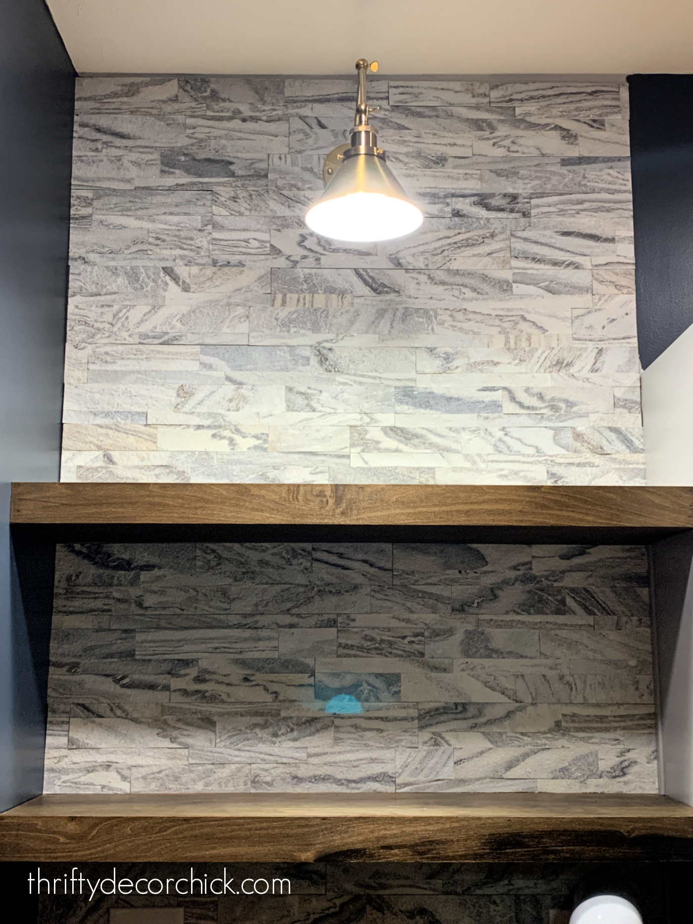marble tile wood shelves