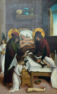 Cosmas ve Damian siyahi birisinin bacağını beyaz bir kadına naklederken.Ditzingen, 16. yüzyıl