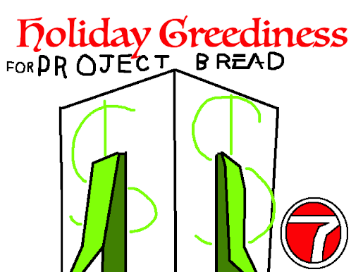 An MS-Paint style drawing, of a white and green Christmas present with dollar signs, a caption appears above it, saying Holiday Greediness for Project Bread. The letters E and A in Bread are replaced with the EA Games logo.