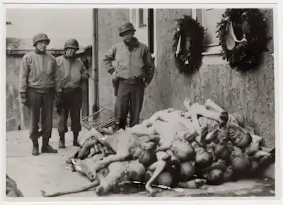 جنود من الحلفاء في الحرب العالمية الثانية أثناء تفقدهم لضحايا الألمان بعد سقوط النازية