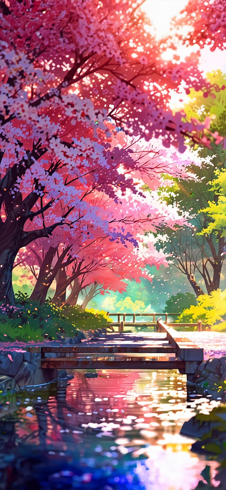 Beautiful spring wallpaper featuring cherry blossom trees, a wooden bridge, and a calm stream.

