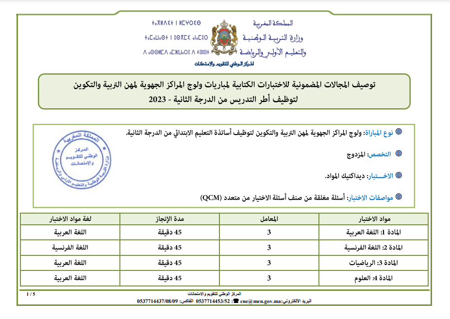 بطاقات توصيف الاختبار الكتابي التخصص المزدوج