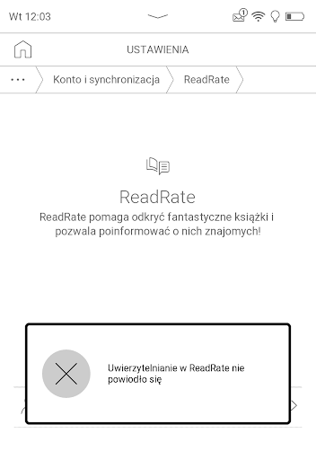 Aplikacja ReadRate na PocketBook InkPsd Lite – komunikat po nieudanej próbie przejścia do ekranu logowania