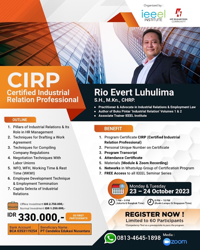 WA.0813-4645-1898 | Certified Industrial Relation Professional (CIRP) 23 Oktober 2023