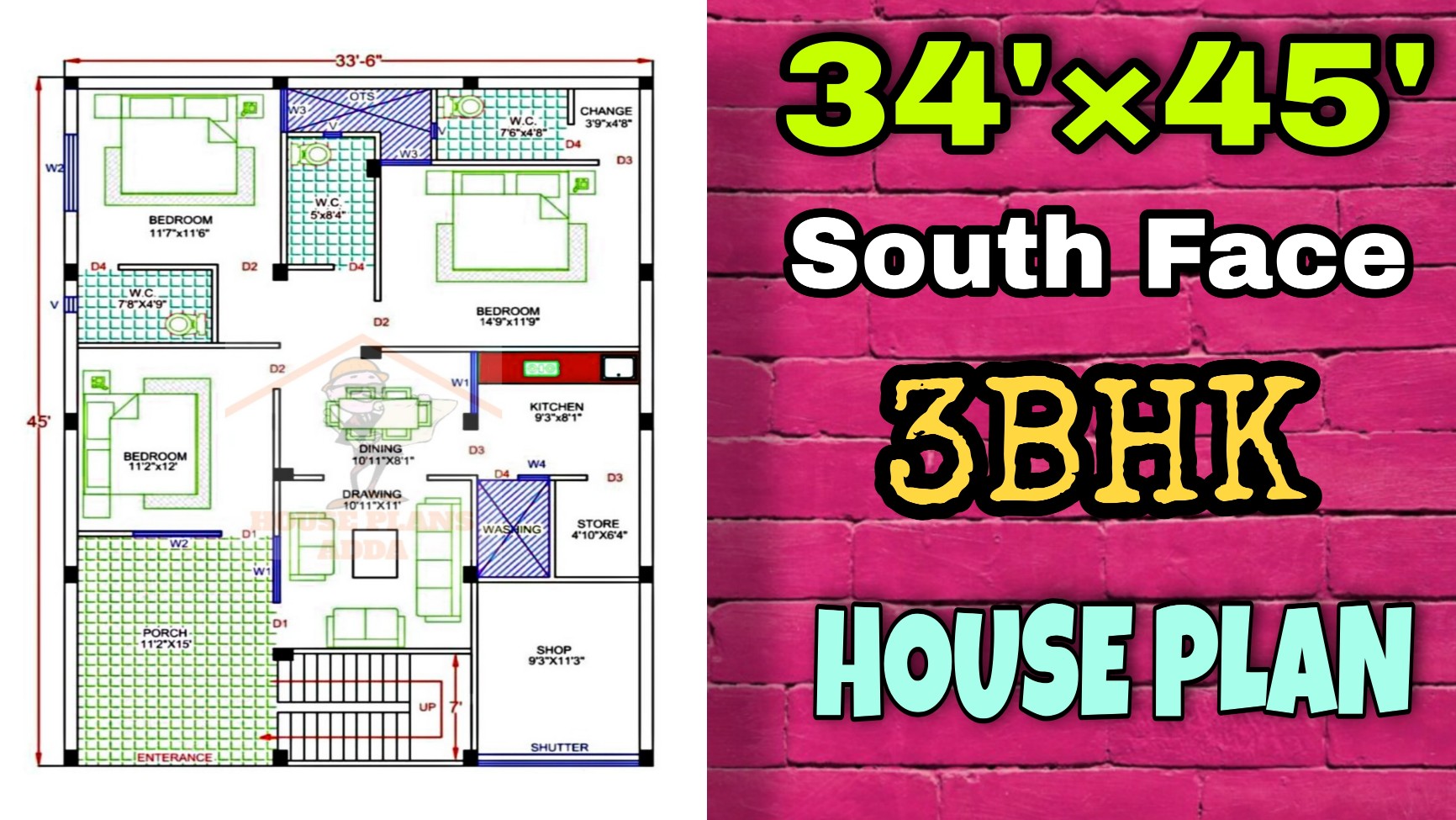 34×45 house plan with shop