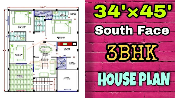 34 × 45 House Plan with Shop | 3BHK South Facing House 34 by 45