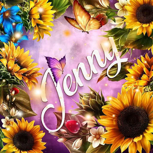 imágen con el nombre jenny con fondo de girasoles y mariposas para descargar gratis