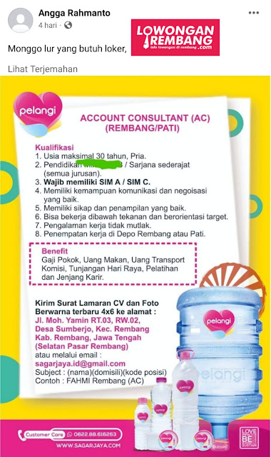 Lowongan Kerja Account Consultant (AC) Air Mineral Pelangi Rembang, Pati