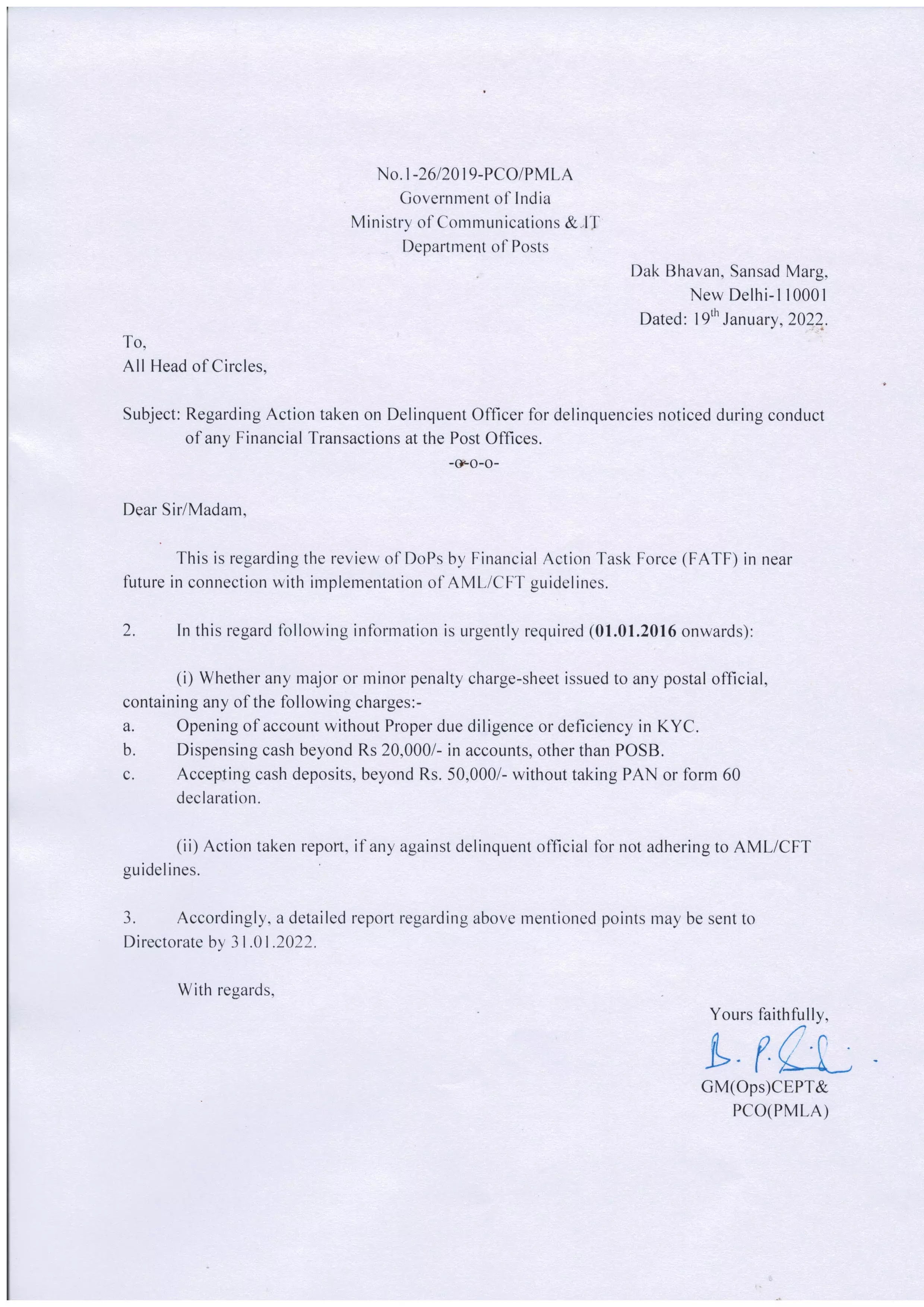 Action taken on Delinquent Officer for delinquencies noticed during conduct of any Financial Transactions at the Post Offices.