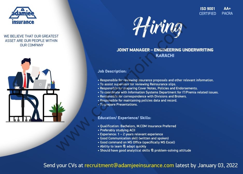 Adamjee Life Insurance Company Ltd Jobs Joint Manager Engineering Underwriting
