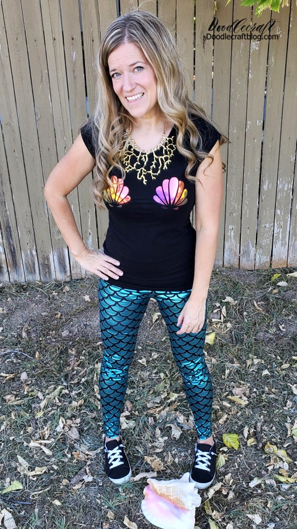 DIY Last Minute Mermaid Costume!   Pair it with Mermaid Scale Leggings or a shimmery Mermaid Skirt! (both on Amazon Prime, so you can get them in 2 days!)   Which do you like better? The skirt or the leggings?   I think you need both!   I wore the leggings set to a family party and the skirt set is going to be worn to church--again, any excuse to dress up!